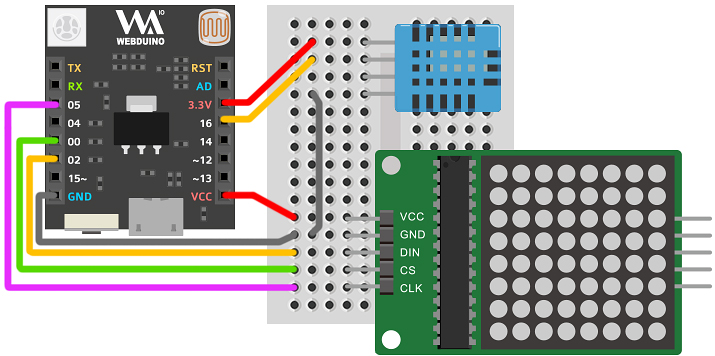 Webduino Smart、LED 點矩陣與溫濕度傳感器接線圖