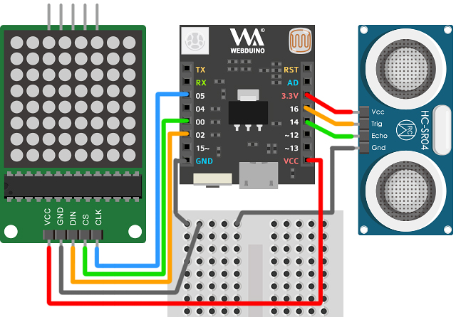 Webduino Smart、LED 點矩陣與超音波接線圖