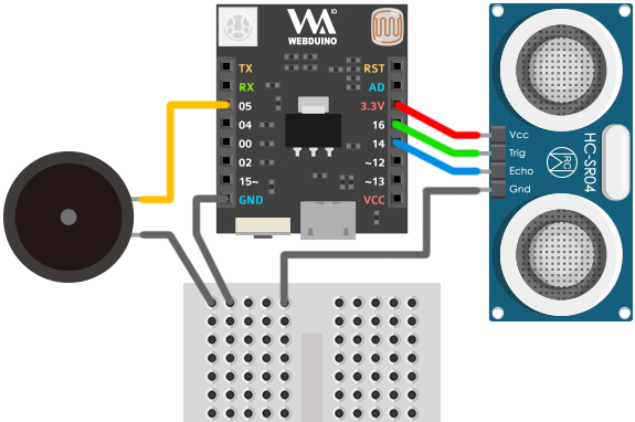 Webduino Smart、蜂鳴器與超音波接線圖